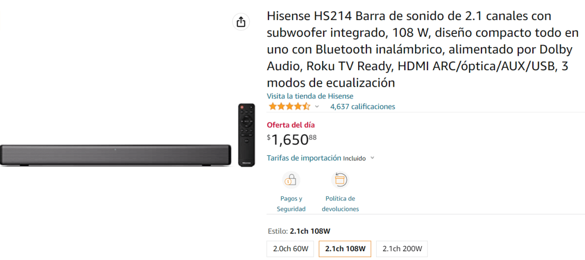 Barra de sonido HISENSE HS214 (2.1 - 108 W - Subwoofer Incorporado)