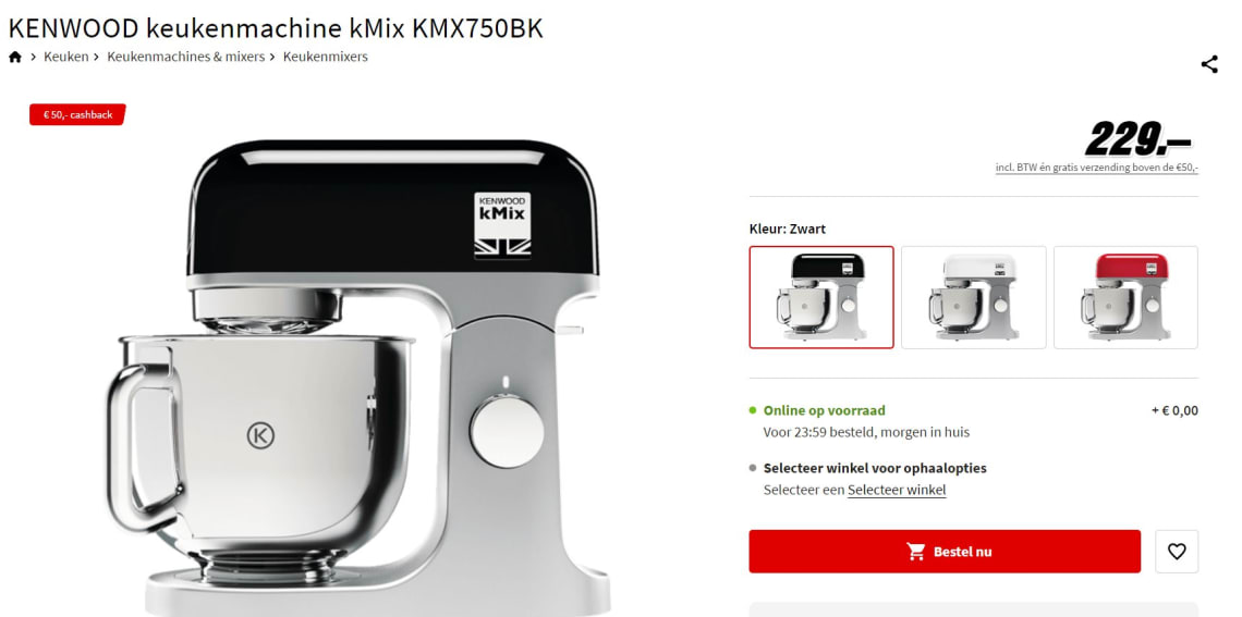 Kenwood KMX750BK Zwart - Keukenmachine €179 cashback bij de Mediamarkt