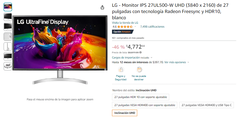 Monitor IPS LG 27UL500-W UHD (3840 x 2160) de 27 pulgadas con tecnología  Radeon Freesync y HDR10, blanco