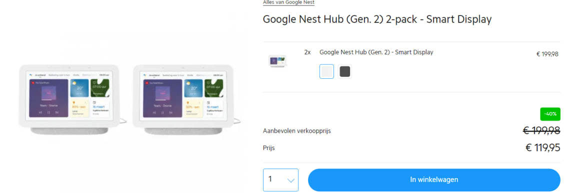 Google Nest Hub 2-pack met 40% korting voor KPN Klanten bij Tink