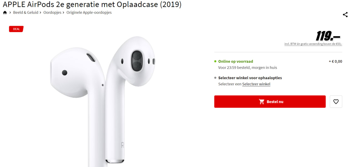 Storing Verlenen regeren Apple AirPods 2019 met Opberghoesje voor €119 bij de Mediamarkt