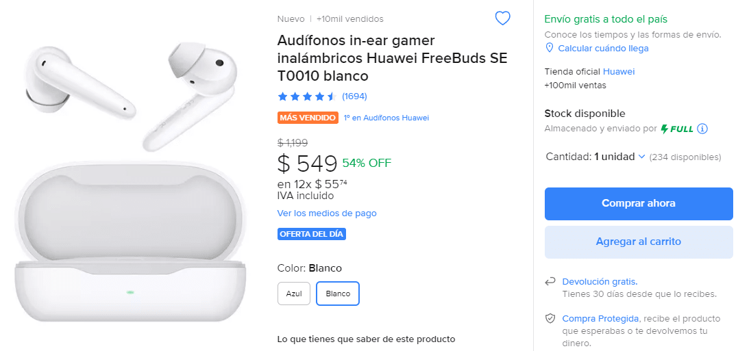 Auriculares in-ear gamer inalámbricos Huawei FreeBuds SE T0010 blanco