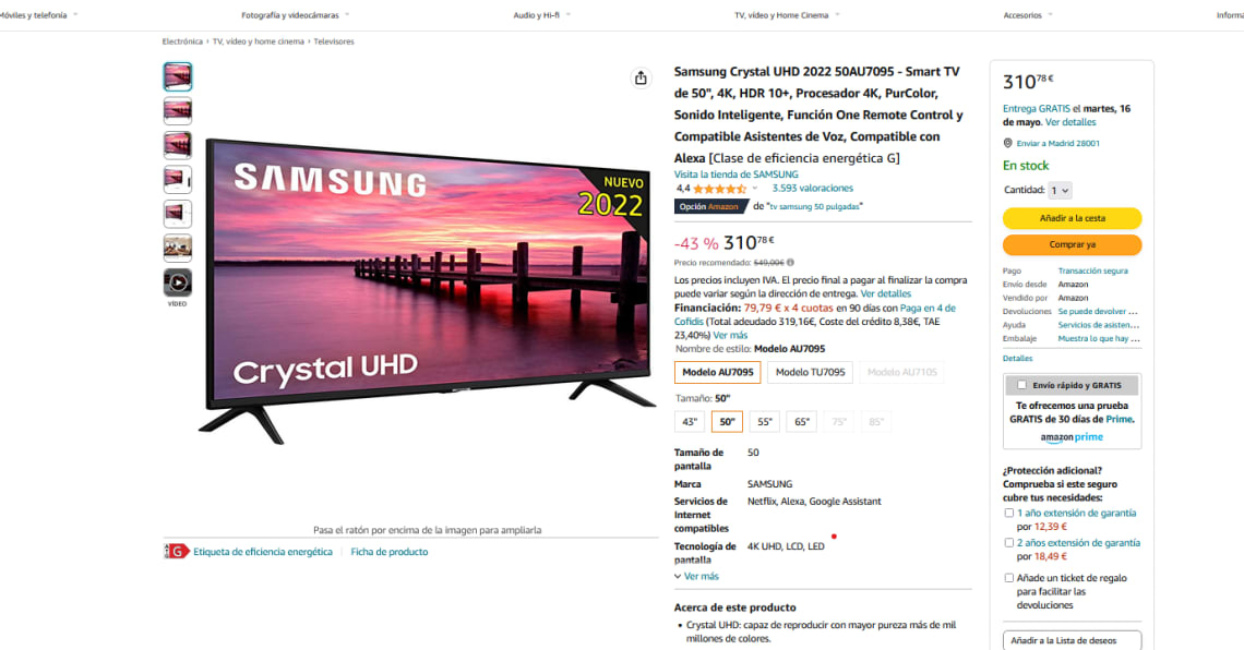 SAMSUNG Crystal UHD 2022 50AU7095 - Smart TV de 50%22, 4K, HDR 10+