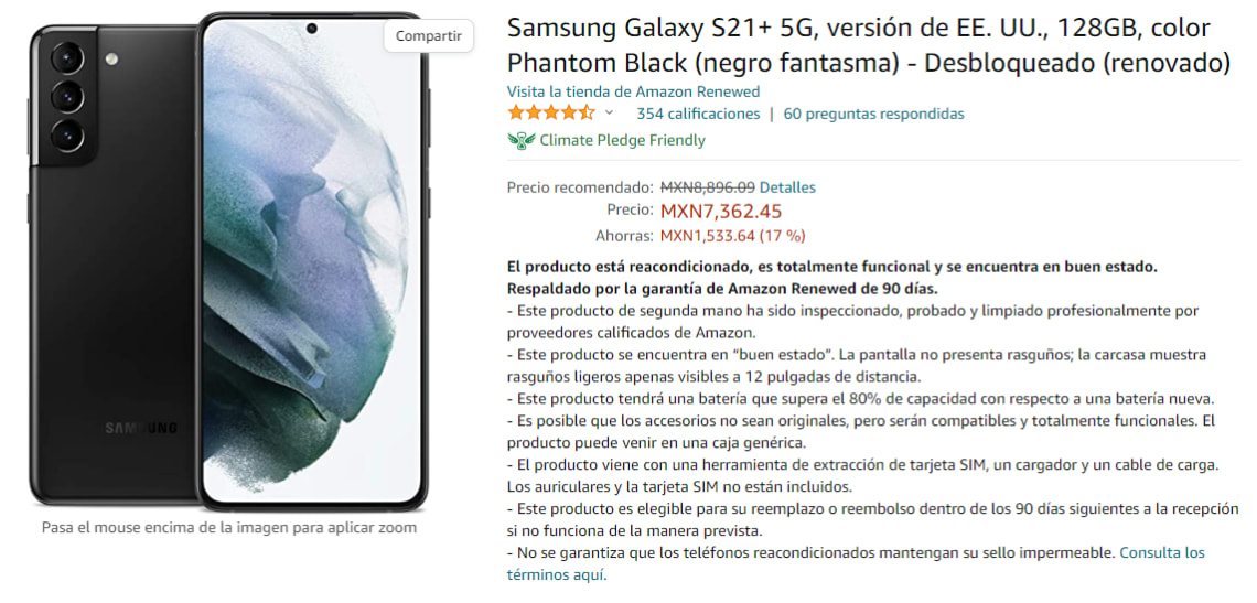 Samsung Galaxy S21+ 5G, versión de EE. UU., 128GB, color Phantom Black  (negro fantasma) - Desbloqueado (renovado)