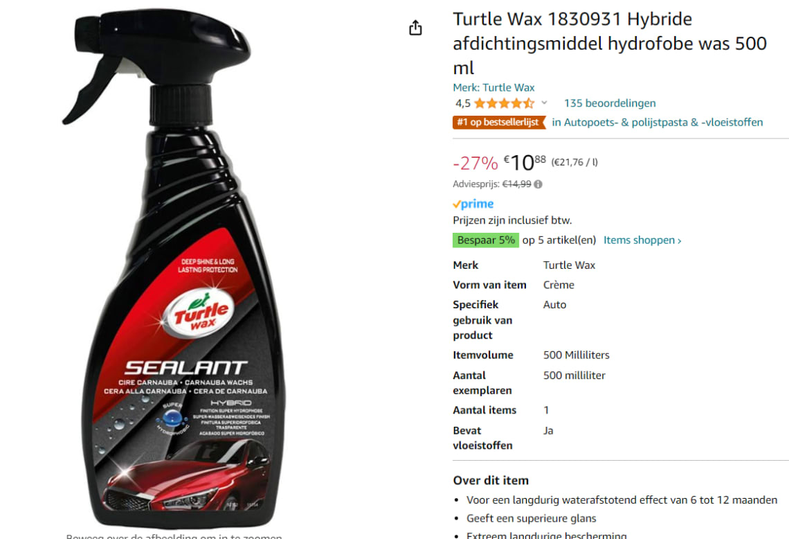 Turtle Wax 53162 Hybrid Sealant Hydrophobic Wax 500ml