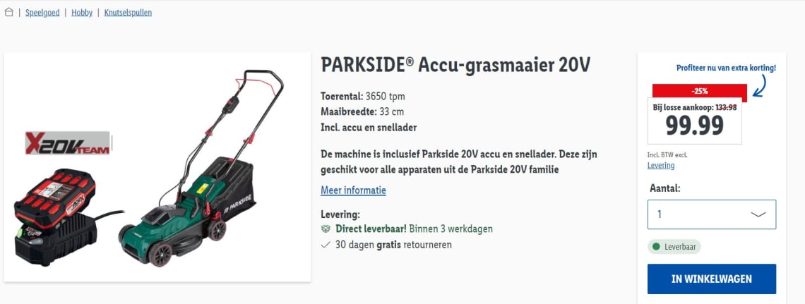 Manoeuvreren Geavanceerde dennenboom PARKSIDE® Accu-grasmaaier 20V incl. accu en lader voor €99,99 in de Lidl