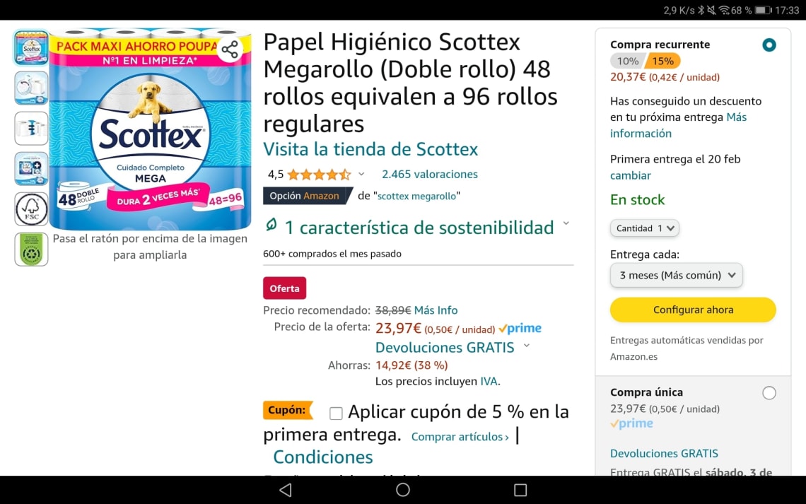 Scottex Papel Higiénico 48 Megarollos (equivale a 96 rollos estándar) con  compra recurrente