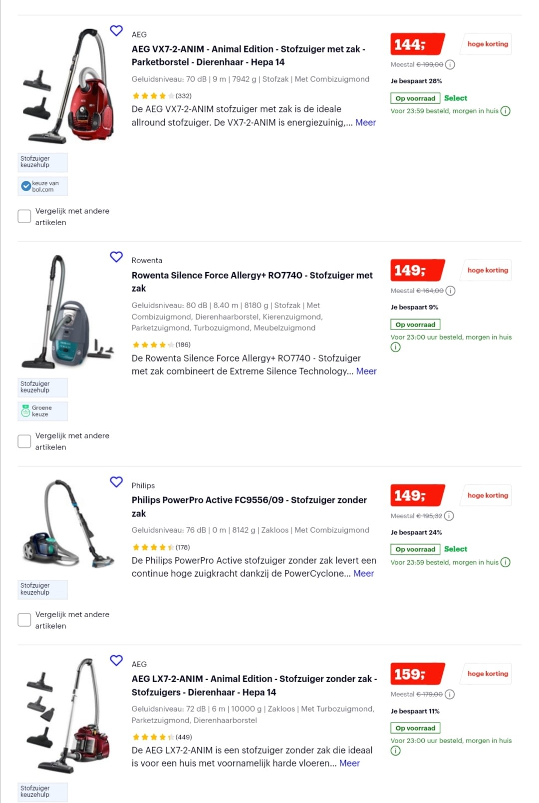 Tot 28%kortingen op stofzuigers en kruimelzuigers van o.a. AEG, Bosch en Miele bij Bol.com