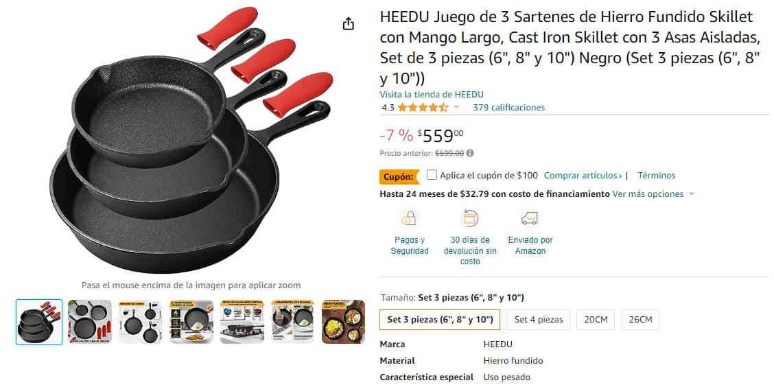 HEEDU Juego de 3 Sartenes de Hierro Fundido Skillet con Mango Largo, Cast  Iron Skillet con