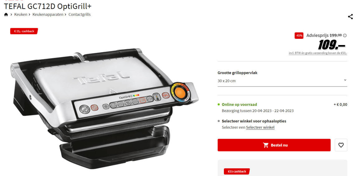 Optigrill+ GC712D - €94 na cashback bij de MediaMarkt