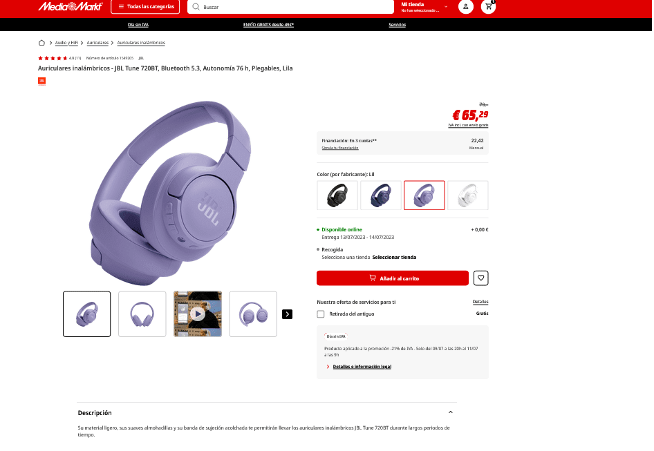 Auriculares inalámbricos - JBL Tune 720BT, Bluetooth 5.3 por 65,29€