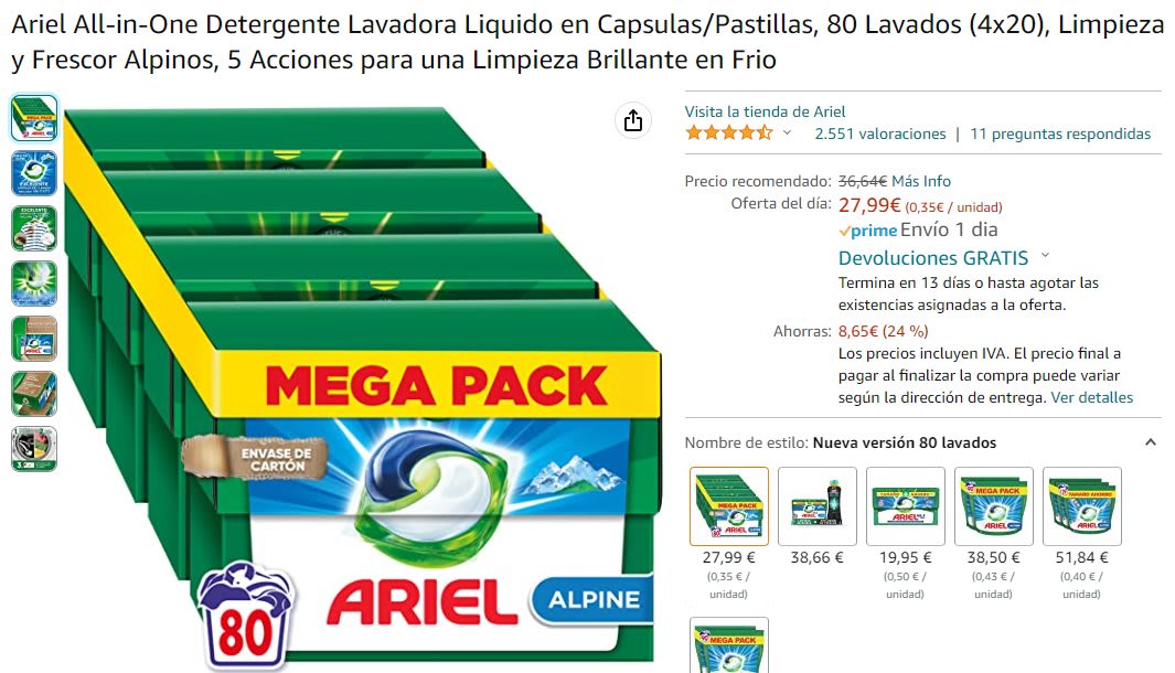 Ariel All-in-One Detergente Lavadora Liquido en Capsulas/Pastillas