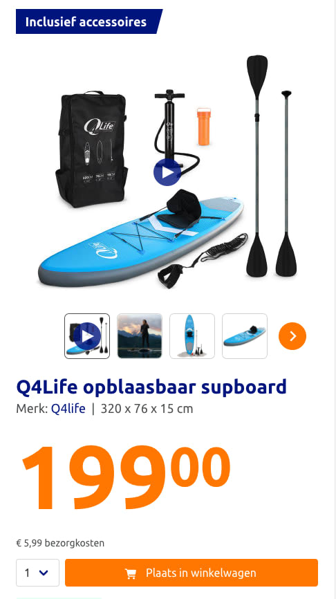 Q4Life opblaasbaar supboard + accessoires voor 199 euro