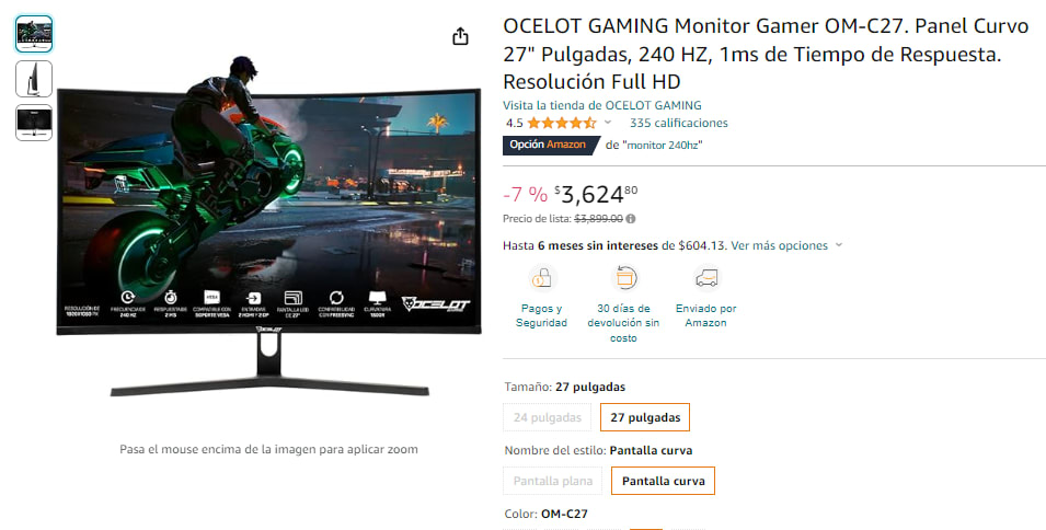 Monitor Gamer Curvo 27'' Full Hd 240Hz - Ocelot Gaming