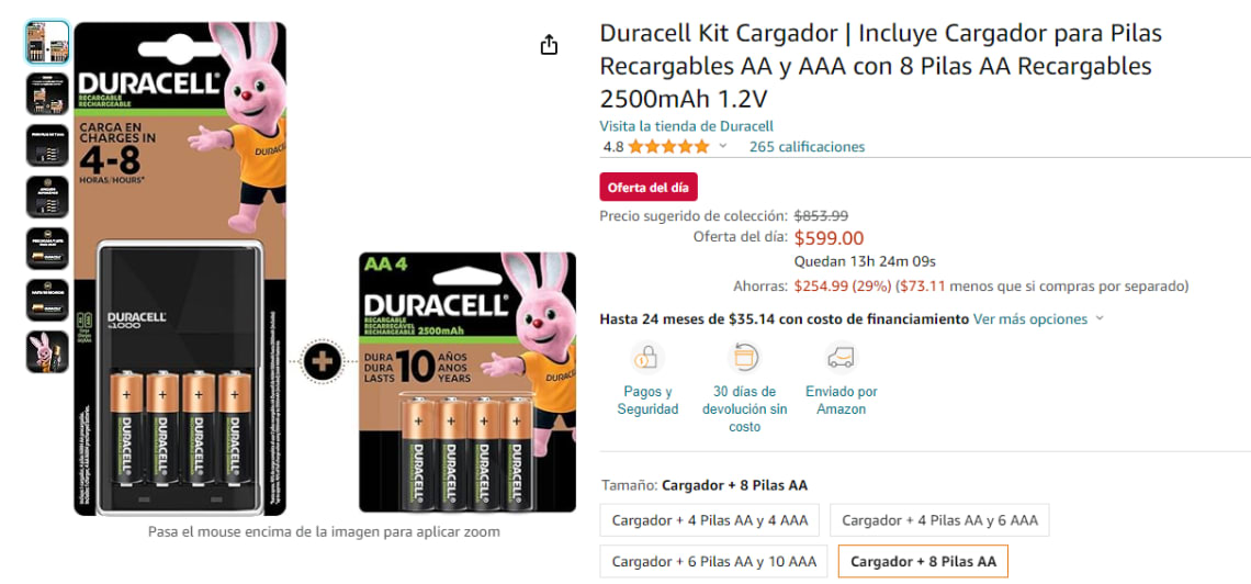 Cargador + 4 Pilas Recargables AA 2500mAh Duracell®