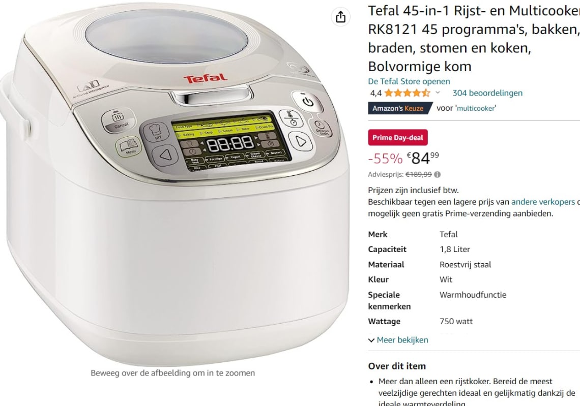Tefal 45-in-1 Rijst- en Multicooker voor €84,99 bij Amazon