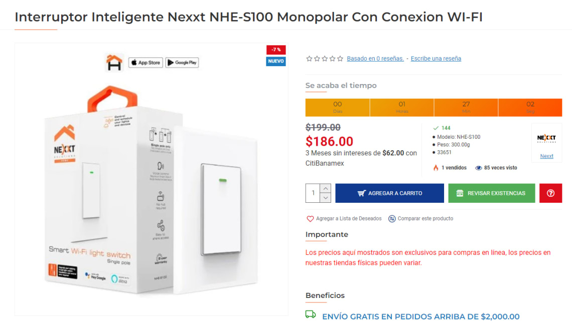 Interruptor inteligente Nexxt monopolar con conexión Wi-Fi - NHE-S100