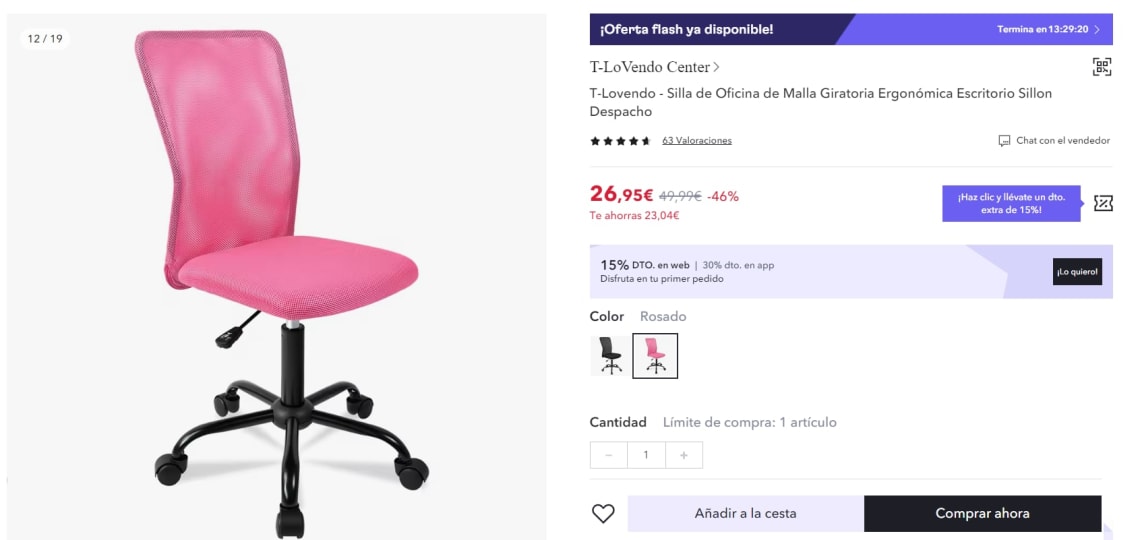 Silla de oficina giratoria con un 65% de descuento