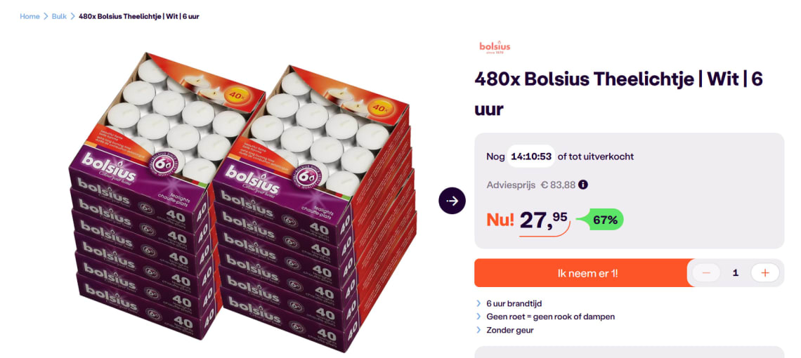 480x Bolsius Theelichtje 6 branduren voor €27,95 bij Ibood