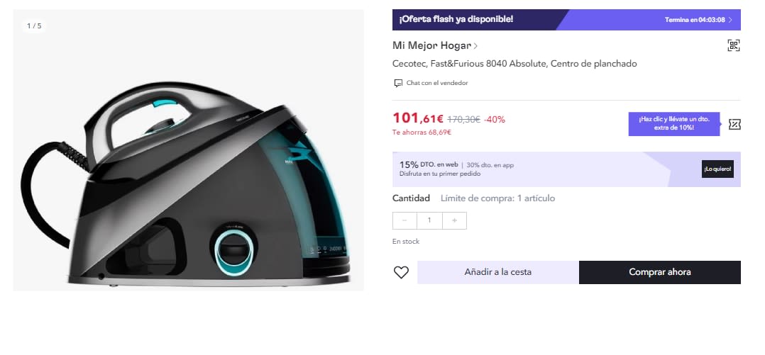 Centro de Planchado Cecotec. 2400 W, Golpe de Vapor 480 g/min, Presión 6  Bares, Suela Turbo Slide, Filtro Antical, Seguridad contra  sobrecalentamientos: 119,00 €