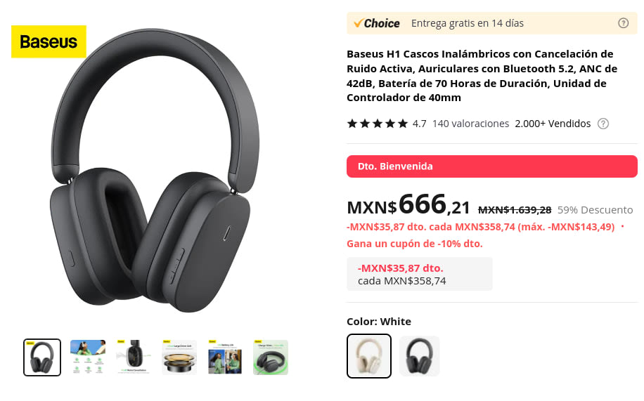 Baseus H1 Cascos Inalámbricos con Cancelación de Ruido Activa, Auriculares  con Bluetooth 5.2, ANC de 42dB