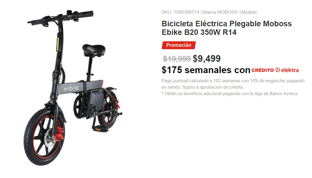 Bicicleta Eléctrica Plegable B20 Moboss Ebike 350W R14 Moboss B20