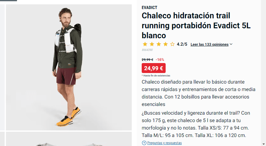 Chaleco hidratación trail running Evadict 5L por 24.99€