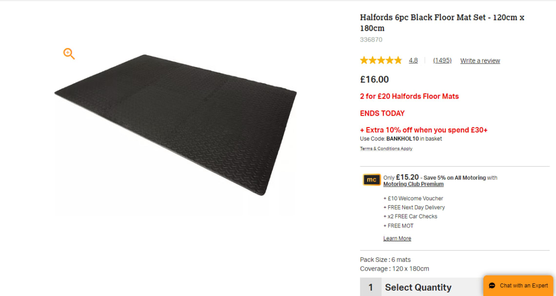 Halfords 6pc Black Floor Mat Set - 120cm x 180cm