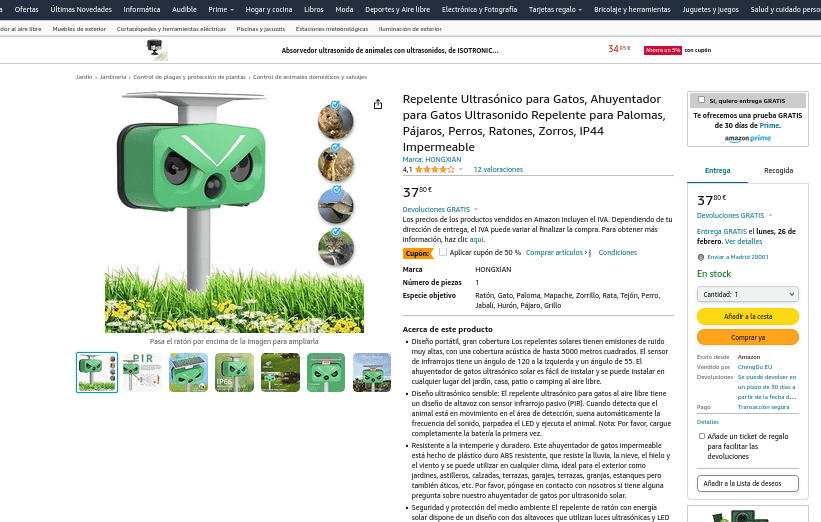 Repelente Utrasonico Jardín para Animales por 18,90€