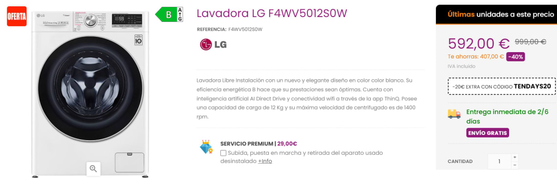 Lavadora LG F4WV5012S0W
