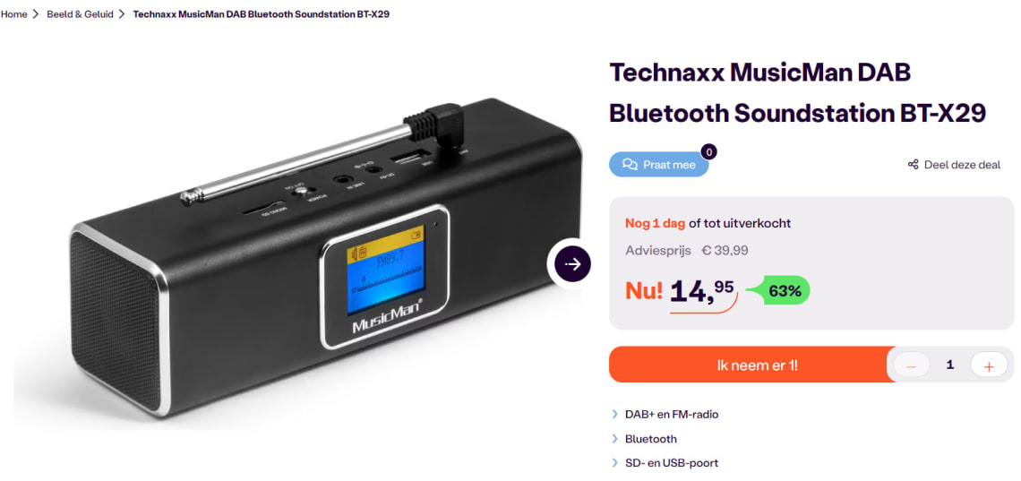 Technaxx MusicMan BT-X29 6 W Mono draadloze luidspreker voor €14,95 bij  Ibood