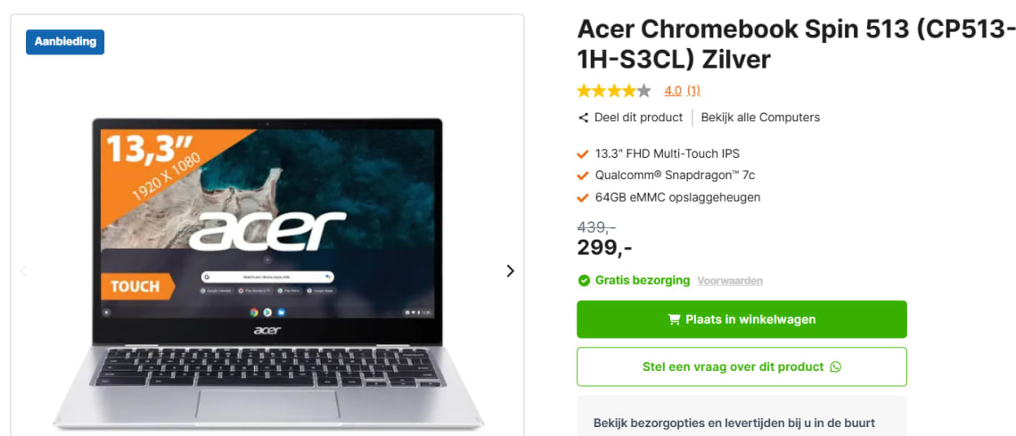 Acer Chromebook Spin 513 (CP513-1H-S3CL) - 64GB Flash - 4GB RAM voor €299 bij Expert