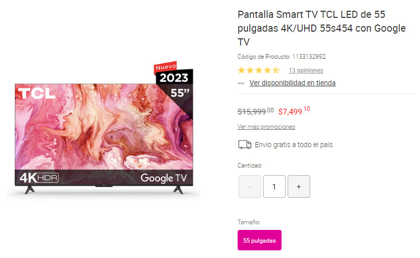 Pantalla LED TCL 55 Pulgadas 4K UHD Smart 55S454