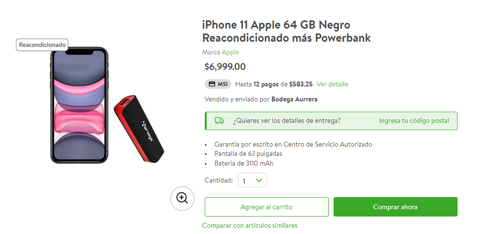 iPhone 11 Apple 128 GB Negro Reacondicionado más Powerbank