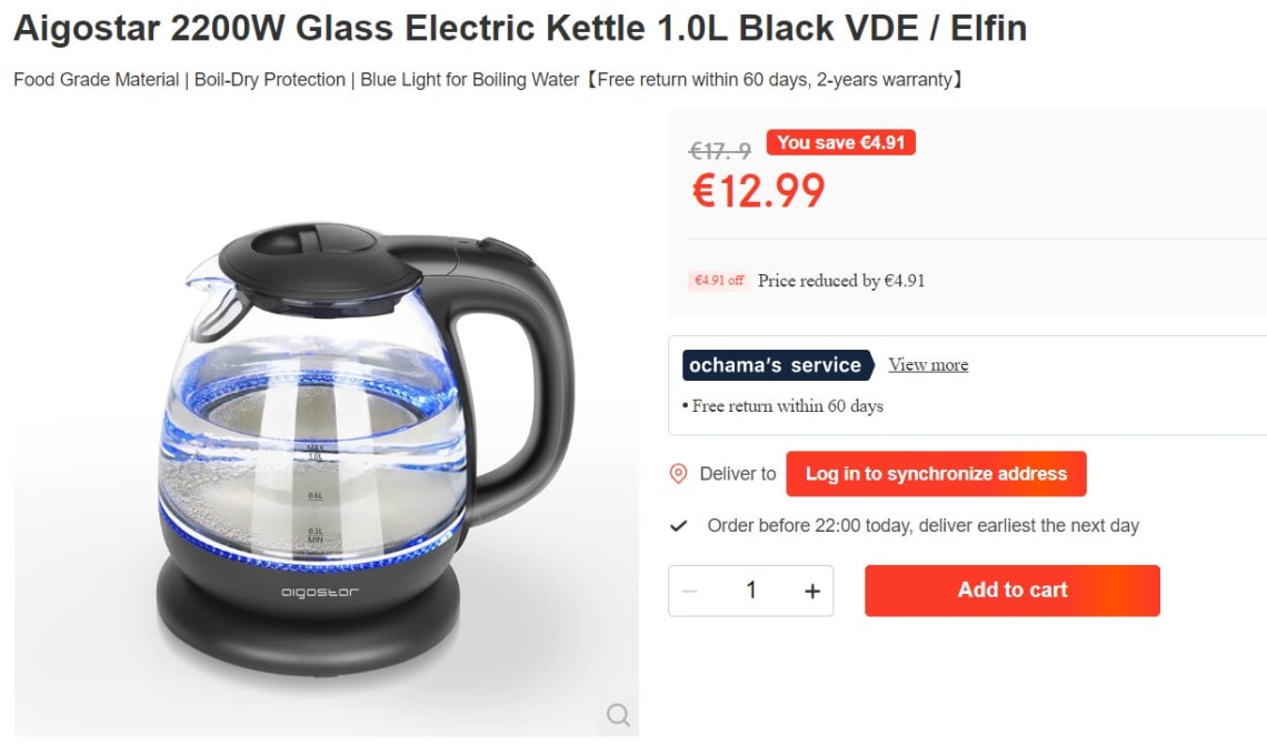 Aigostar 2200W Glass Electric Kettle 1.0L Black VDE / Elfin 