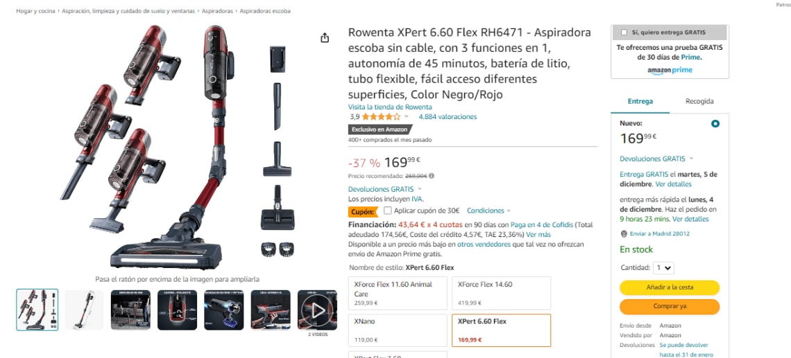 Rowenta XPert 6.60 Flex RH6471 - Aspiradora escoba sin cable, con 3  funciones en 1, autonomía de