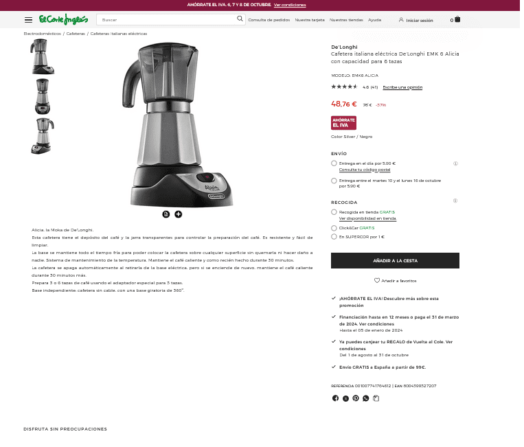 Cafetera italiana De'Longhi EMK 9 Alicia para 9 tazas · De'Longhi · El  Corte Inglés