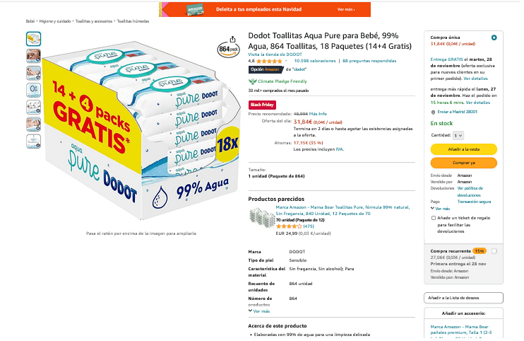 Dodot Toallitas Aqua Pure para Bebé, 99% Agua, 864 Toallitas, 18