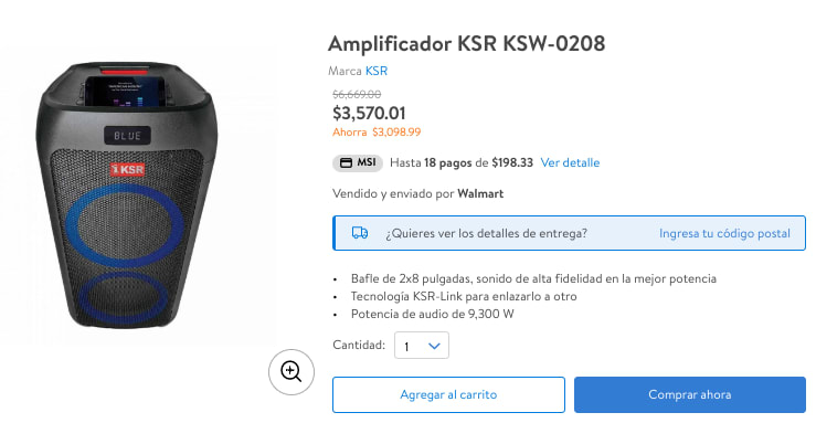 Amplificador KSR KSW-0208 a $3,570 en Walmart