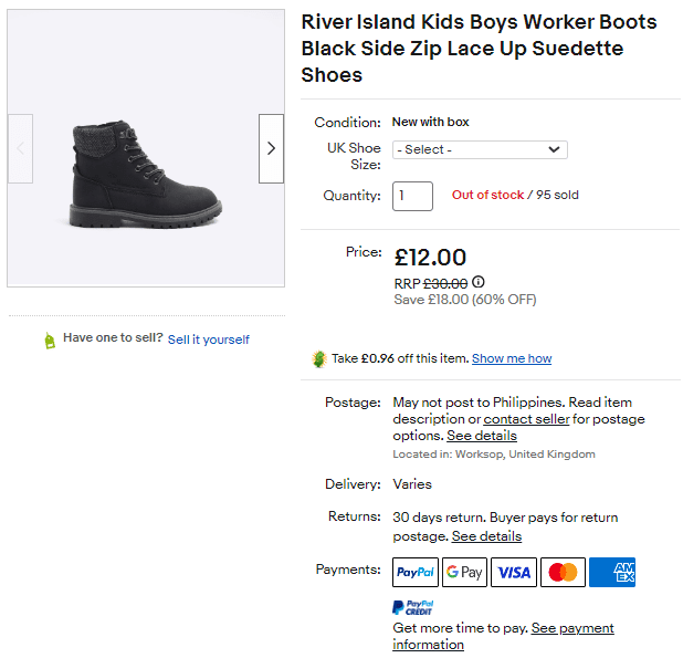 Catch River Island kid’s worker suedette leather boots from eBay for £11.04