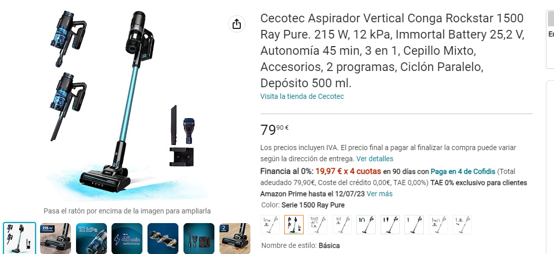 Aspirador vertical Conga Rockstar 1500 Ray Pure 3 en 1 con potencia 215 W.  12 kPa. 45´ de autonomía. 