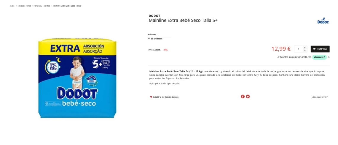 DODOT PAÑALES EXTRA ABSORCIÓN TALLA 5+ DE 12 A 17 KG 56 UNIDADES