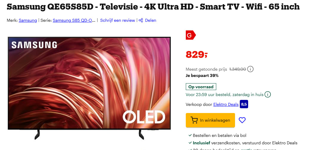 SAMSUNG QE65S85D - 65 inch - 4K UHD oor €829 bij Bol