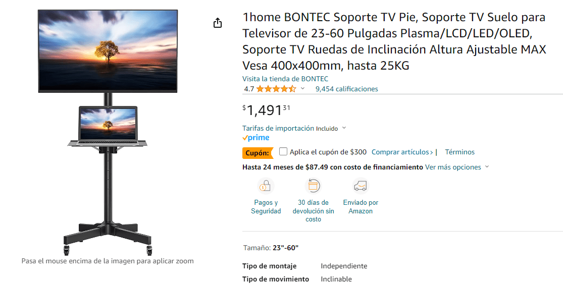 Bontec Soporte Con Ruedas Para Tv De 23 A 60 Pulgadas