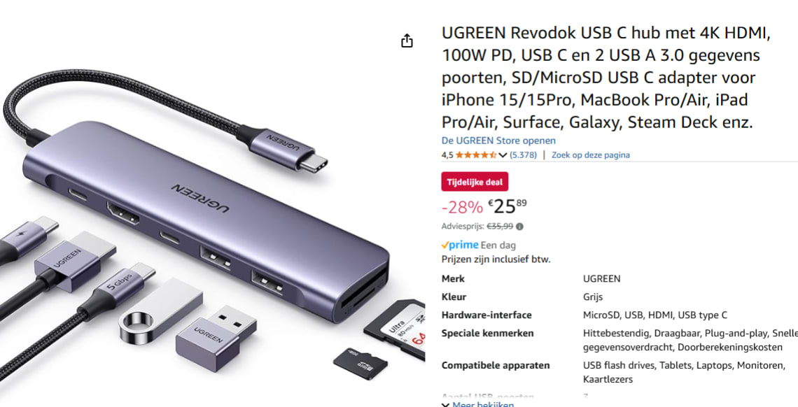 Ugreen USB C 7 in 1 Hub met 4K 60Hz HDMI voor €25,89 bij Amazon