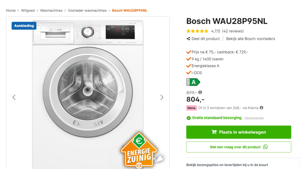 Meerdere duidelijk stoom Bosch WAU28P95NL wasmachine voor €729 na cashback bij Expert