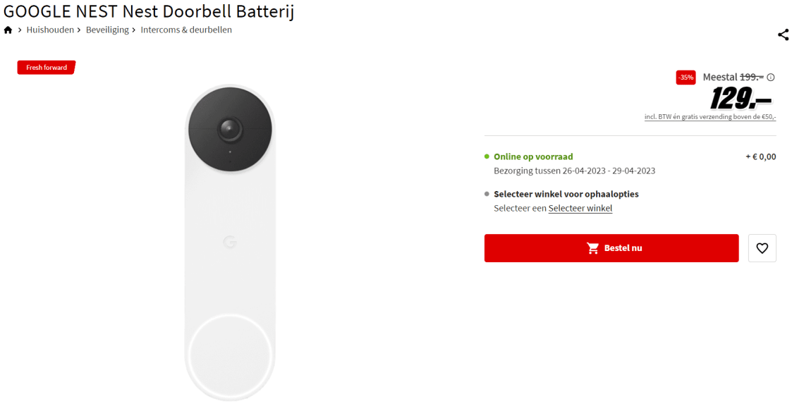 Verminderen Meerdere Hoeveelheid van Google Nest Doorbell (batterij) voor €129 bij de Mediamarkt