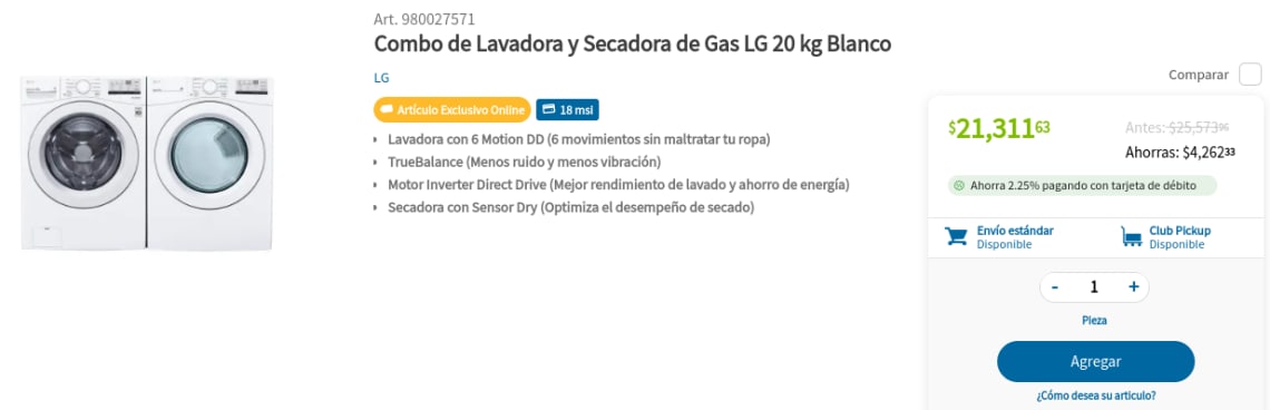 Lavadora y Secadora de Gas LG a $18,114 en Sam's Club
