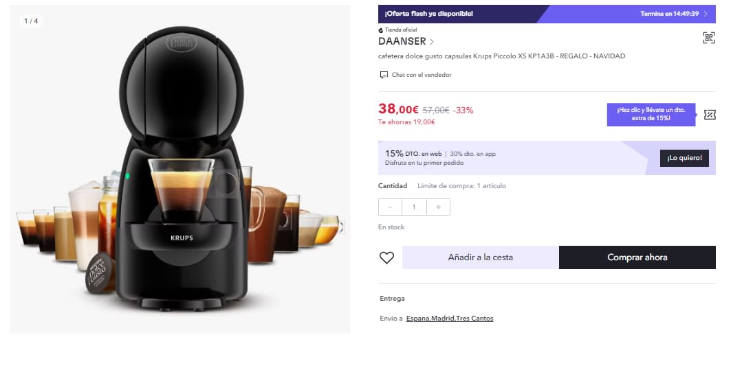 Cafetera de cápsulas Piccolo XS negra + 3 paquetes de capsulas: 54,00 €