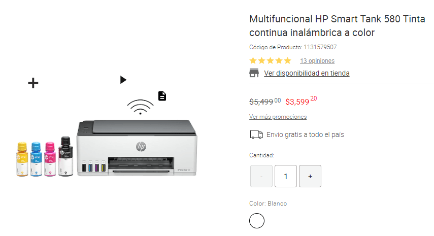 Impresora Multifuncional HP Smart Tank 580 Inalámbrica Tinta continua HP